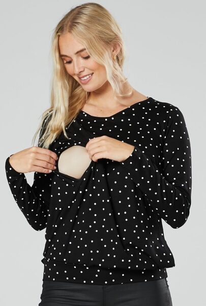 Juoda su baltais taškiukais. Palaidinė nėštukei bei maitinančiai ilgomis rankovėmis