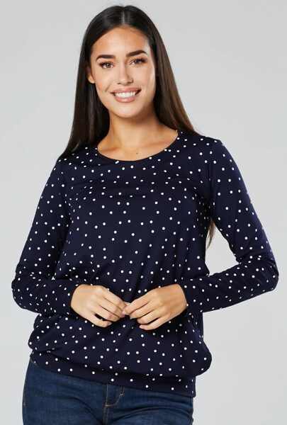 Tamsiai mėlyna su baltais taškiukais. Palaidinė nėštukei bei maitinančiai ilgomis rankovėmis