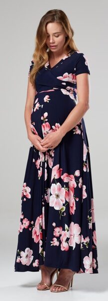 Tamsiai mėlyna su obelų žiedais. Suknelė nėštukei bei maitinančiai 2in1 