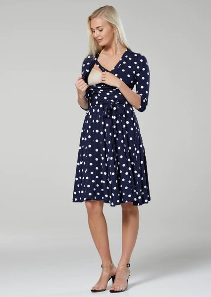 Tamsiai mėlyna su baltais burbuliukais.. Suknelė nėštukei bei maitinančiai 2in1 